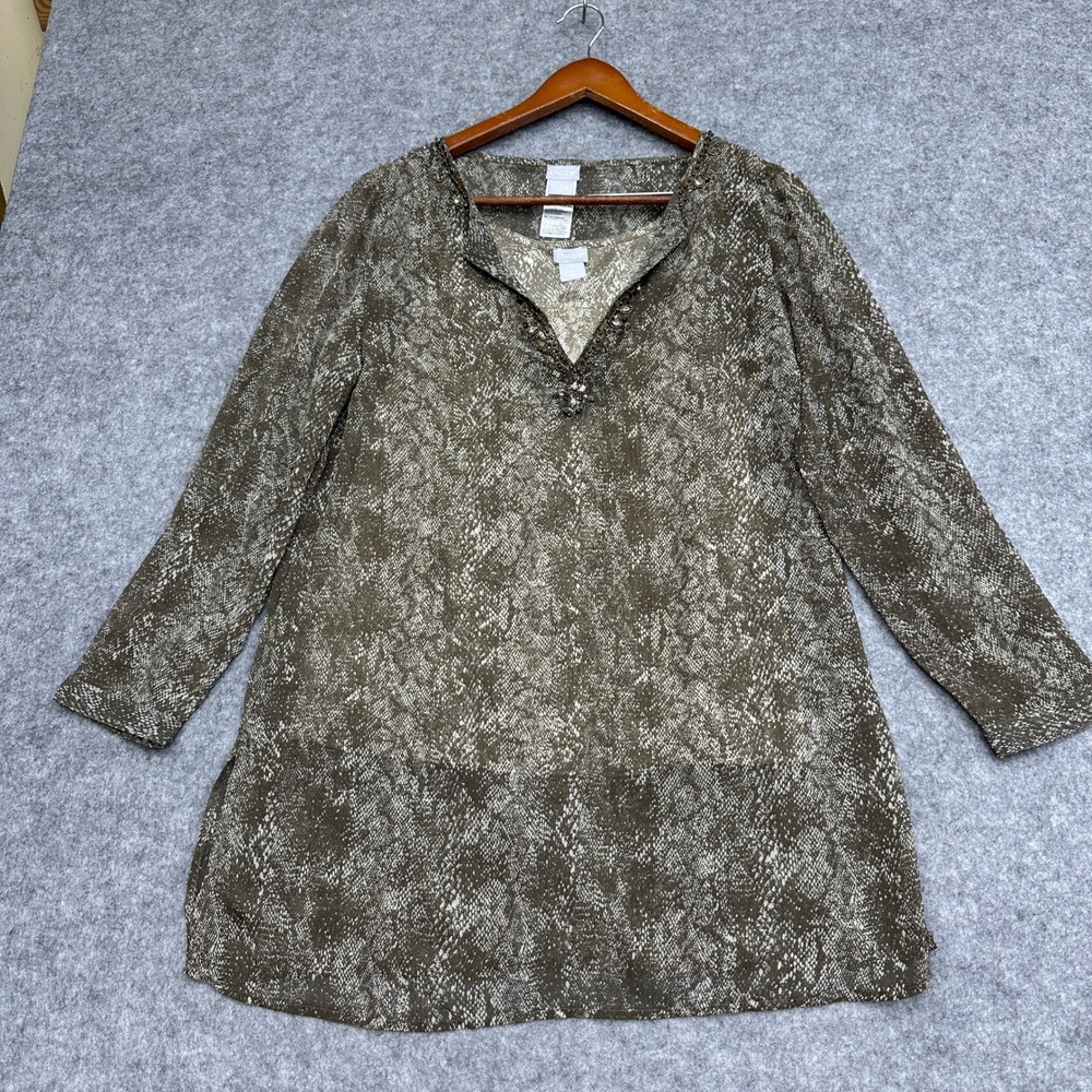 Chicos 2 Piece Set Womens Md 8'10 Snakeskin Print Beaded Tunic & Camisole Olive